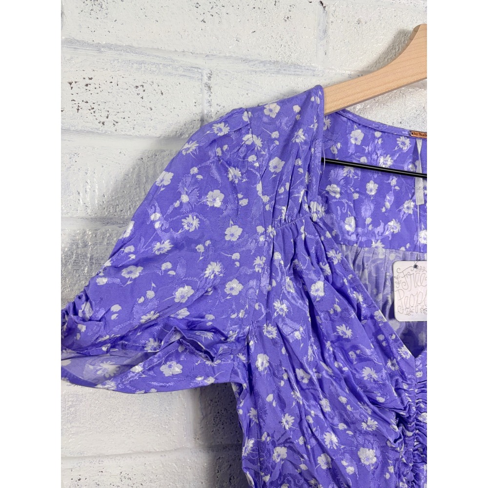 Free People Lavender Bond Street Floral Mini Dress Womens 2 Ruched Puff Sleeve - Picture 4 of 13